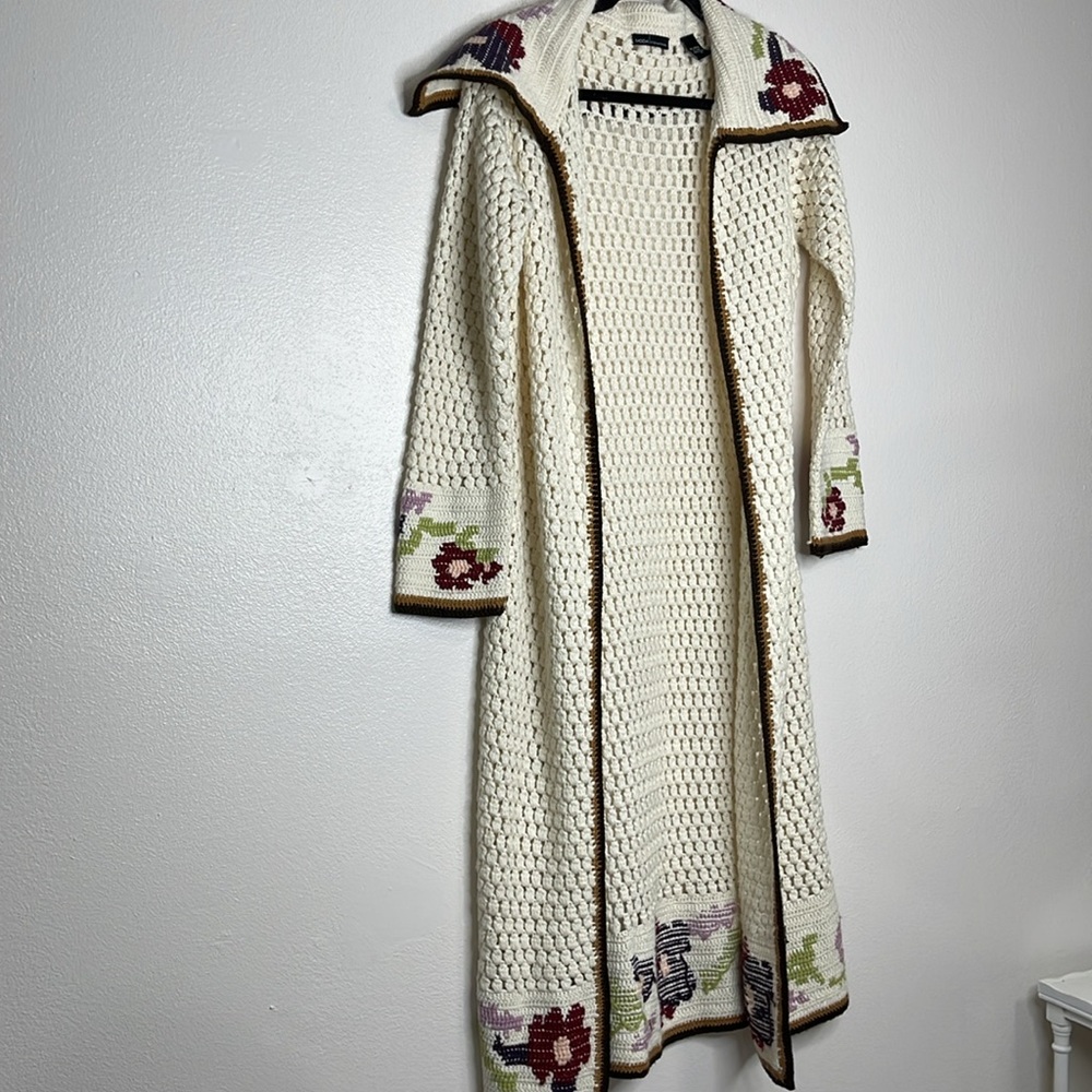Moda International Cream Long Crochet Cardigan with Floral Accents